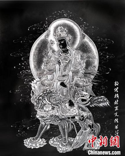 圖為朱增平創(chuàng)作的鍥金畫《敦煌榆林窟文殊菩薩》。(資料圖) 受訪者供圖
