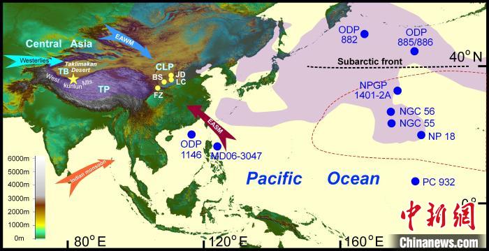 塔里木沙塵傳輸至北太平洋的路徑(陰影區(qū))及西昆侖山黃土巖芯位置(五角星)?！≈锌圃呵嗖馗咴?供圖