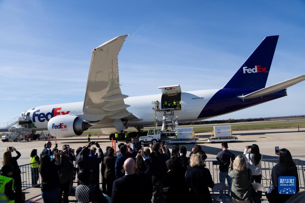 11月8日，在美國弗吉尼亞州的華盛頓杜勒斯國際機場，裝有大熊貓的特制“旅行包廂”準備運上專機。新華社記者劉杰攝