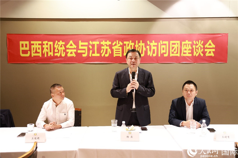 江蘇省政協(xié)副主席楊岳（中）在座談會上致辭。人民網(wǎng)記者 陳海琪攝