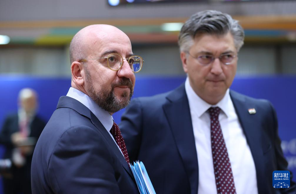 2月1日，歐洲理事會主席米歇爾（左）出席在比利時布魯塞爾舉行的歐盟特別峰會。新華社記者 趙丁喆 攝