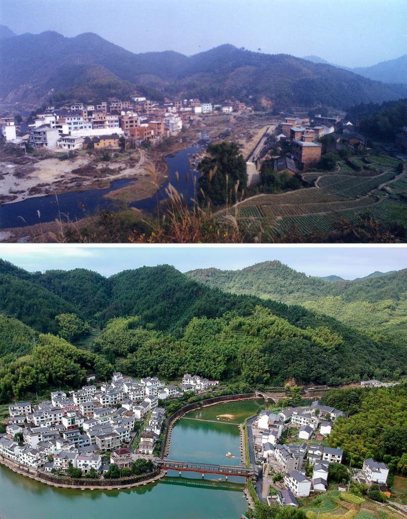 圖為浙江省杭州市淳安縣楓樹(shù)嶺鎮(zhèn)下姜村拼版圖，其中上圖為資料照片、下圖由新華社記者張鋮攝。