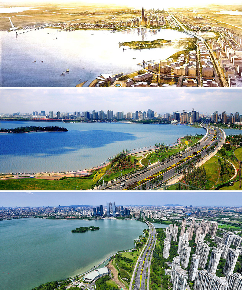 拼版照片：上圖為1994年繪制的蘇州工業(yè)園區(qū)手繪規(guī)劃圖；中圖為2007年拍攝的蘇州工業(yè)園區(qū)；下圖為2023年7月4日用無(wú)人機(jī)拍攝的蘇州工業(yè)園區(qū)。