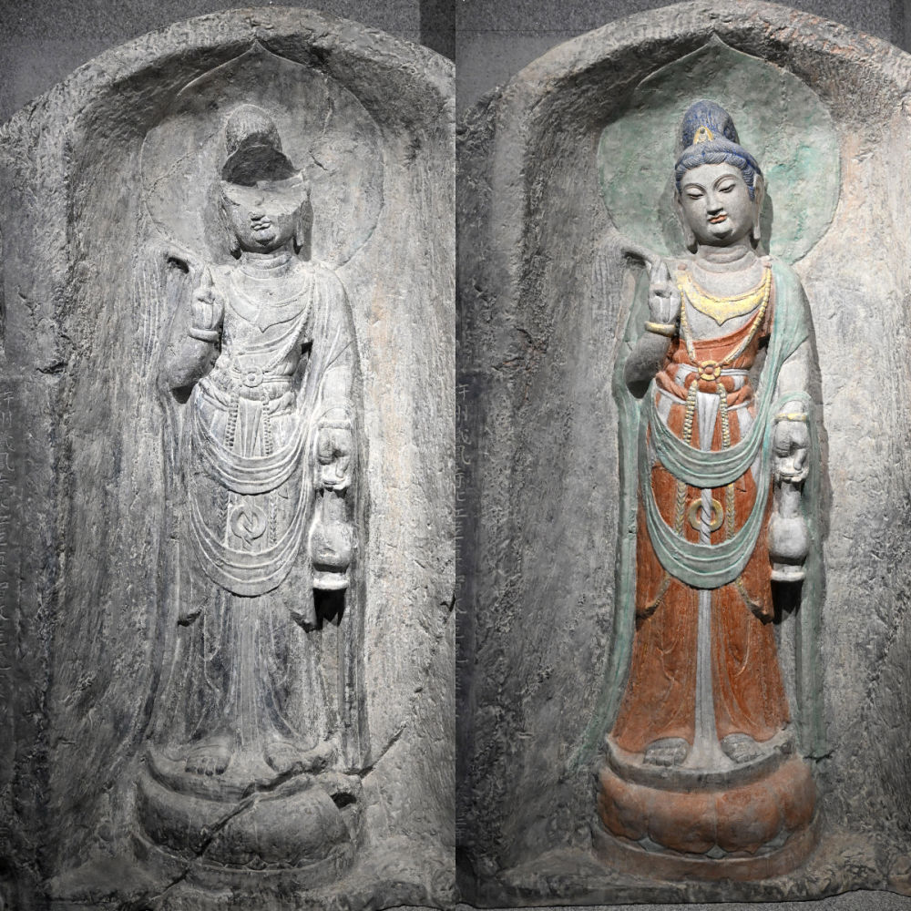 左圖為龍門石窟萬佛洞窟前南壁菩薩造像的3D打印模型；右圖為利用數(shù)字化技術(shù)復(fù)原后的3D打印模型（2025年4月10日攝，拼版照片）。復(fù)原后的像龕精妙絕倫，栩栩如生，被游客譽(yù)為“龍門最美菩薩”。圖片來源新華社