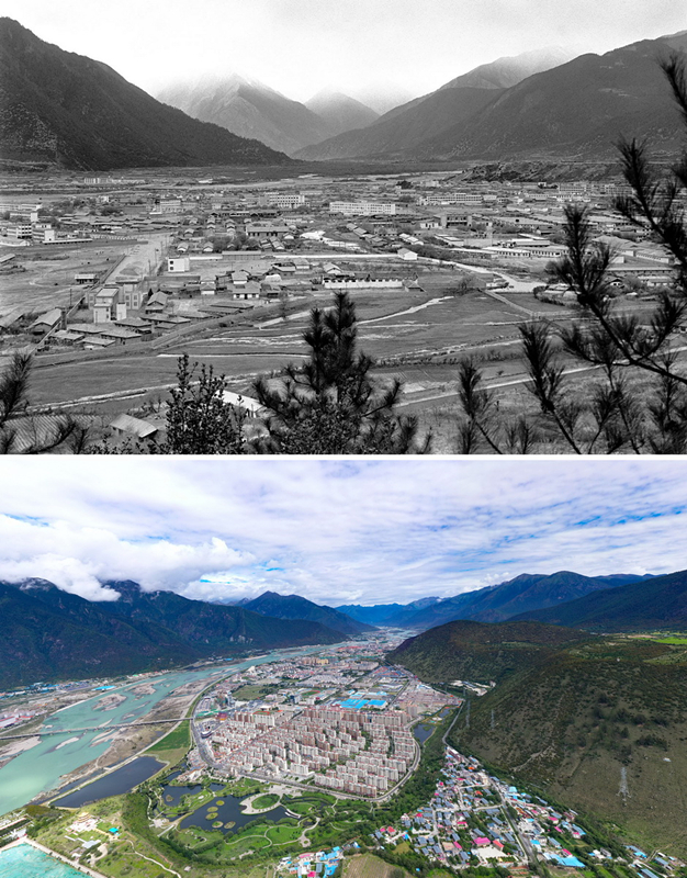 拼版照片：上圖是20世紀(jì)90年代的西藏林芝八一鎮(zhèn)；下圖是2021年7月20日拍攝的西藏林芝八一鎮(zhèn)風(fēng)貌。