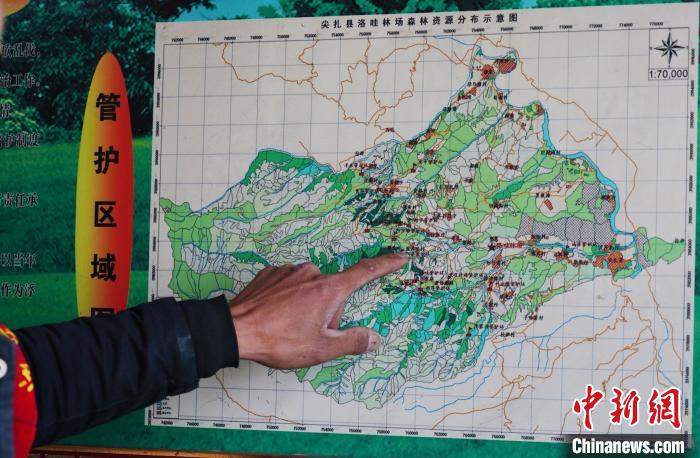 圖為桑杰加介紹管護(hù)區(qū)域分布?！●R銘言 攝