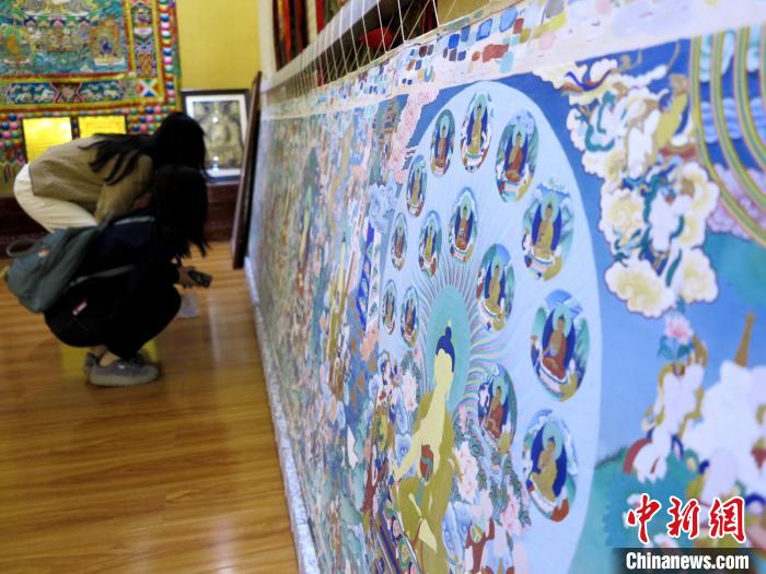 圖為民眾參觀半成品的唐卡?！?zhí)砀?攝
