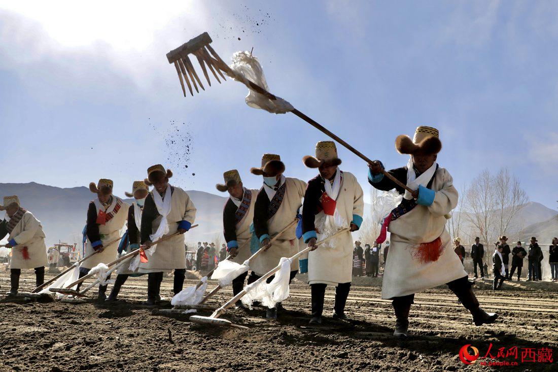 當(dāng)?shù)卮迕裆碇?jié)日盛裝，舉行春耕儀式。人民網(wǎng) 次仁羅布攝